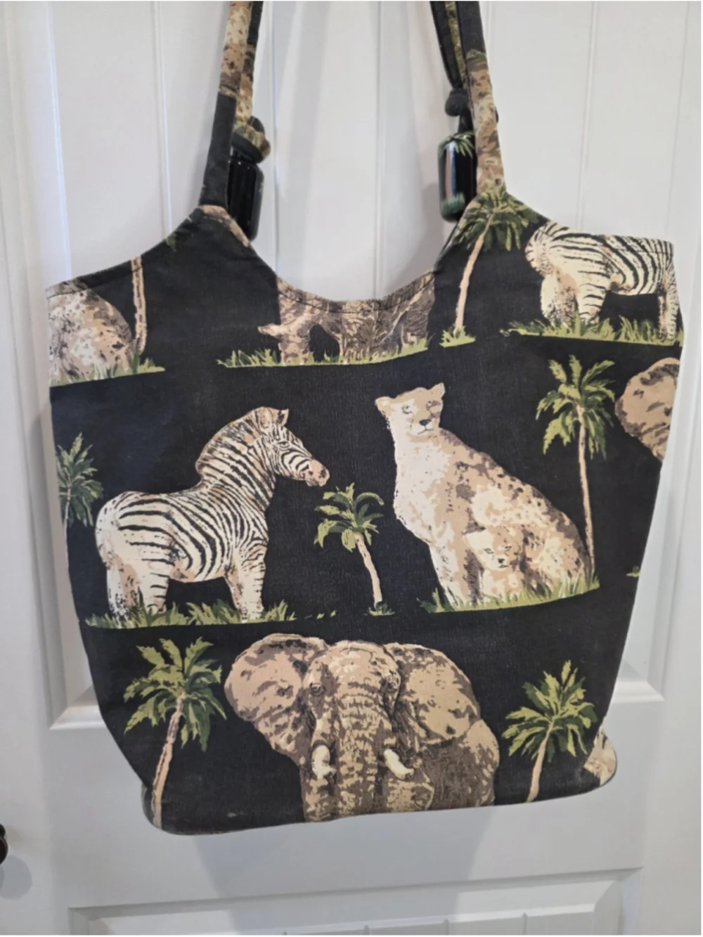 Safari Animal Print Cotton Tote Bag Elephant Zebra Palm Trees Zip Closure Pocket